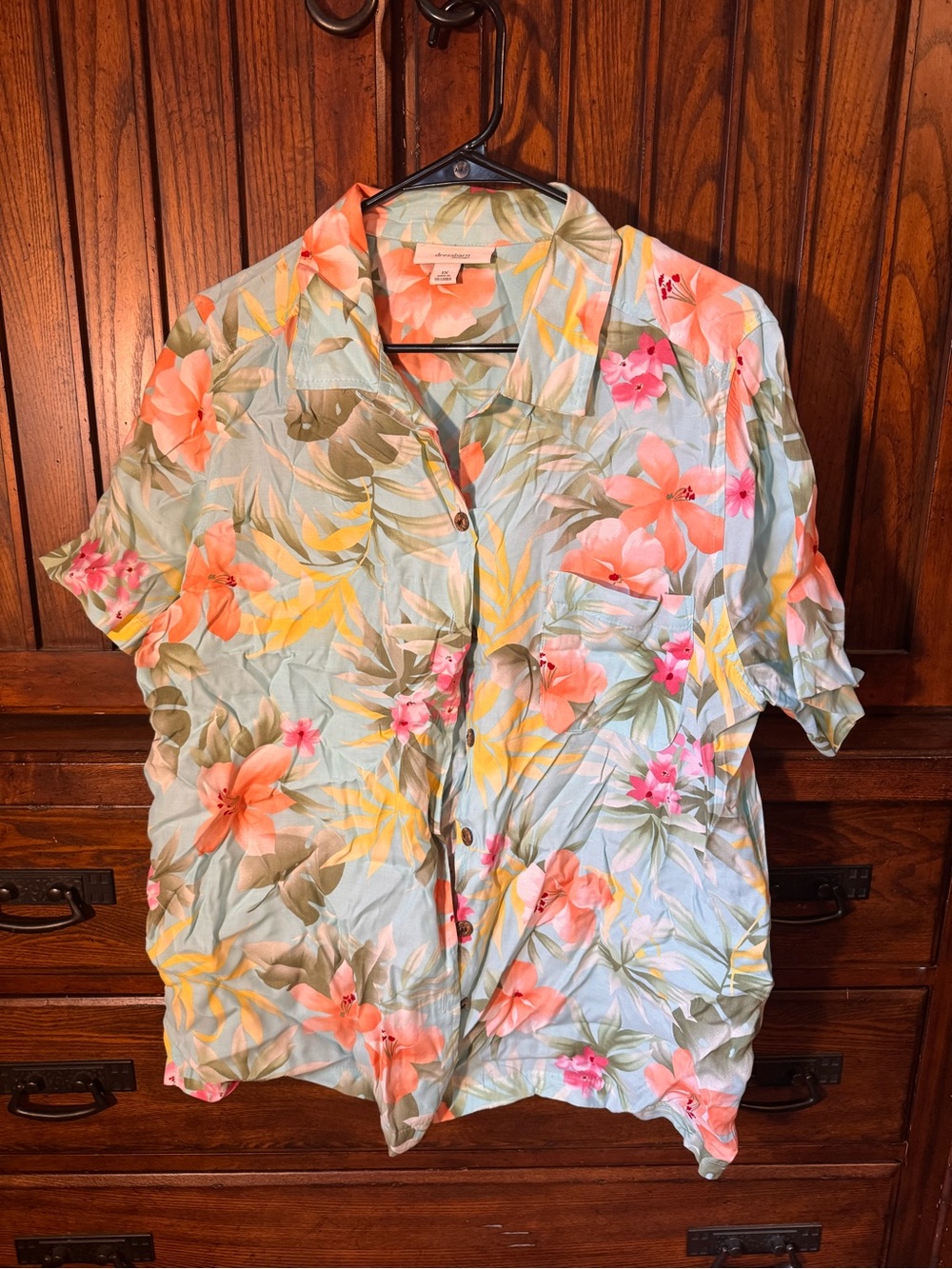 Dressbarn Light Blue Floral Button-Down Shirt with Coral Accents